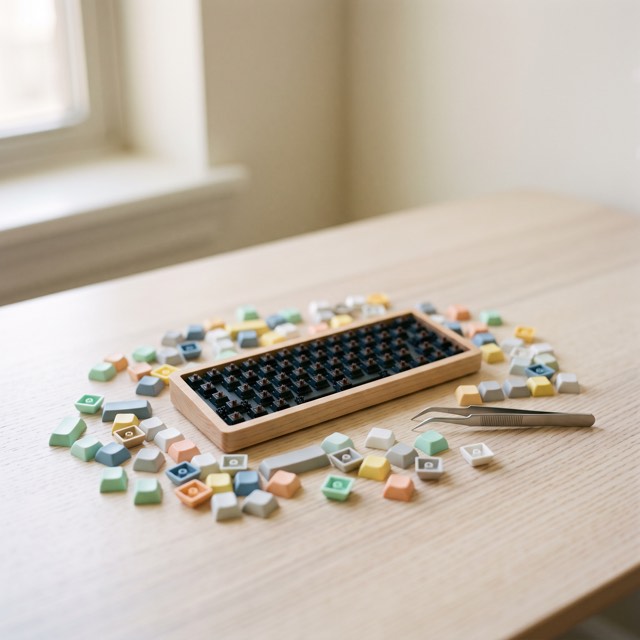 キーキャップが外れて散らばった小さなキーボード