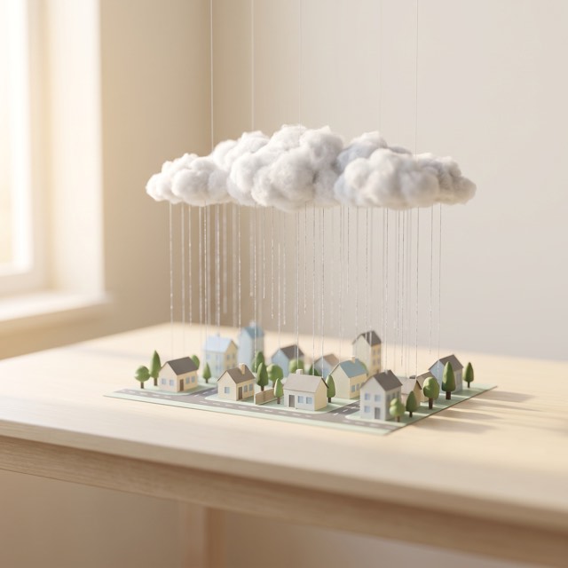 一列に並んだ雨雲のミニチュアと紙の町